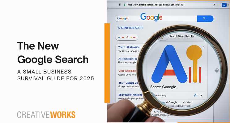a magnifying glass over Google Search results highlighting the word AI