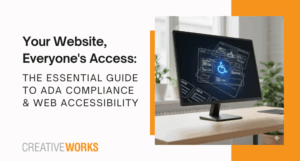 An image of a computer monitor showing a sign for ADA Compliance & Web Accessibility